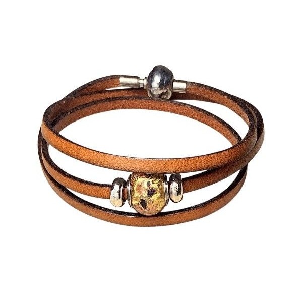 Zable 925 Sterling Silver Murano Glass Charm Wrap Leather Bracelet